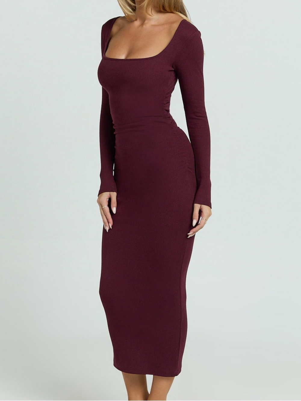 NWT REVOLVE Australia SHOWPO Lucy ribbed midi dress US 4 ruched bodycon wine - Picture 3 of 11